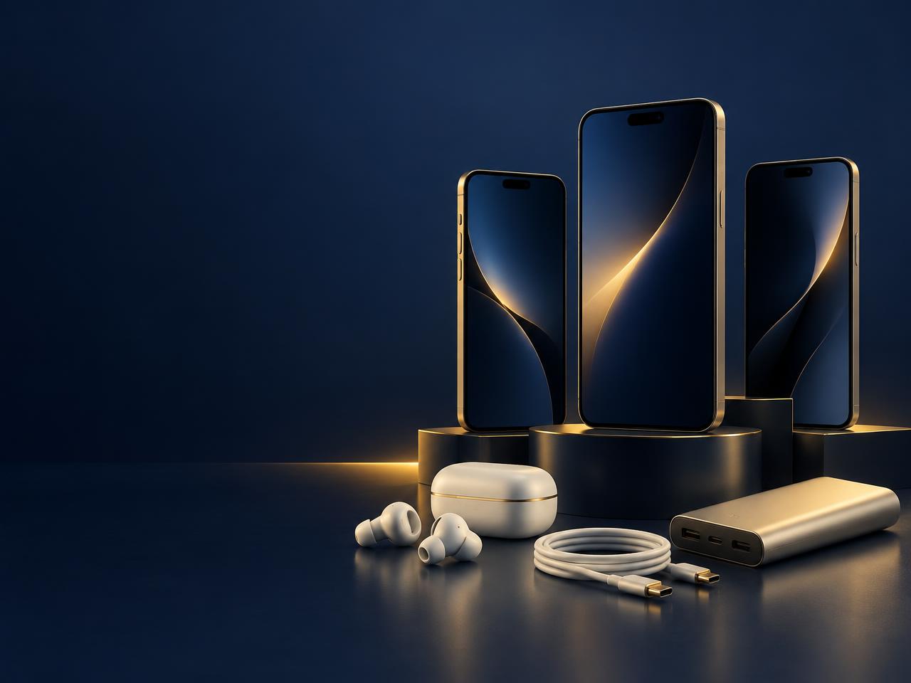 Smartphones, earphones, a charging cable and a power bank on display